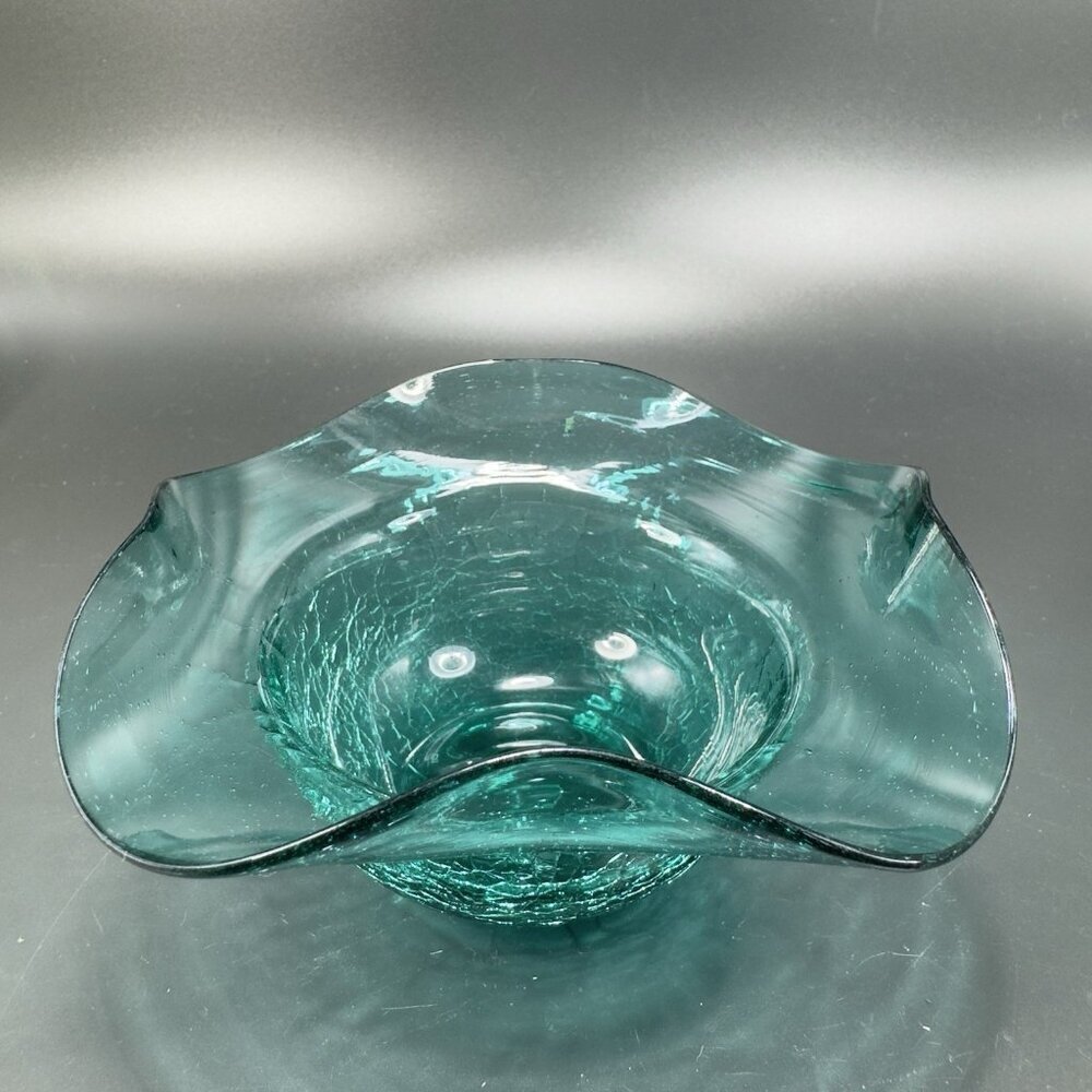 Blenko Art Glass Hat Bowl Crimped Rim Ruffled Crackle‎ Sea Green Vintage Decor